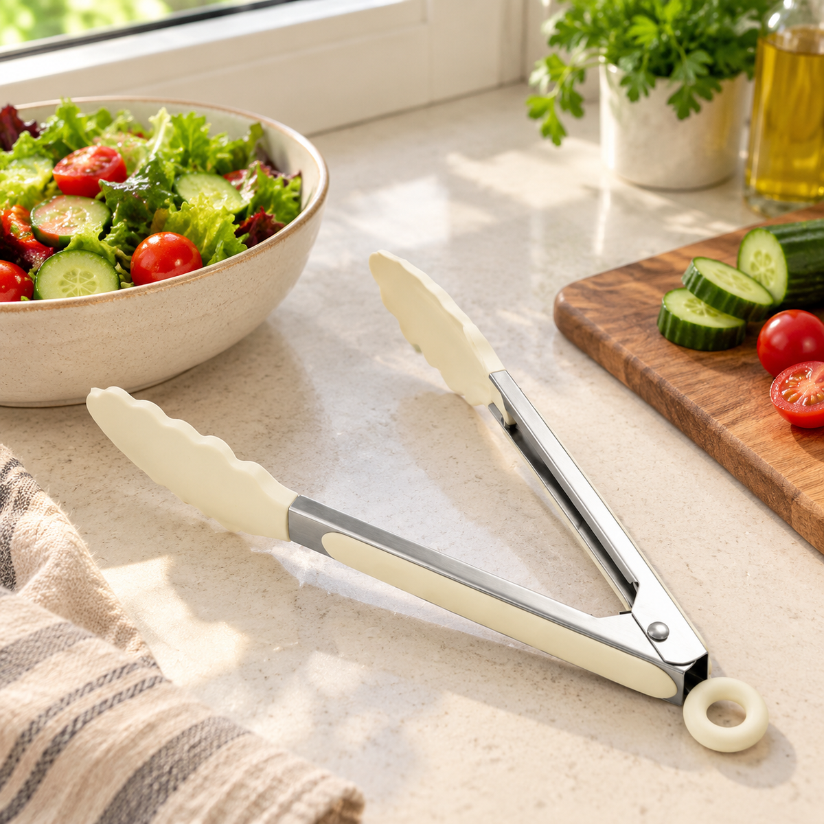 🍝 Kitchen Essential | Silicone-Tipped Tongs | Everyday Cooking | Home Chef Gift | Elegant Cream Finish