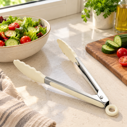 🍝 Kitchen Essential | Silicone-Tipped Tongs | Everyday Cooking | Home Chef Gift | Elegant Cream Finish