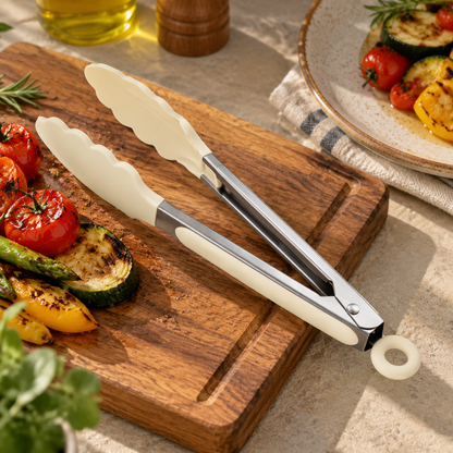 🍝 Kitchen Essential | Silicone-Tipped Tongs | Everyday Cooking | Home Chef Gift | Elegant Cream Finish