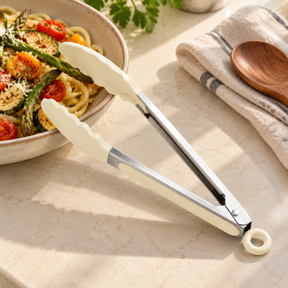 🍝 Kitchen Essential | Silicone-Tipped Tongs | Everyday Cooking | Home Chef Gift | Elegant Cream Finish