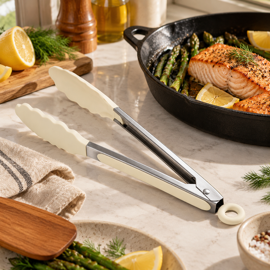 🍝 Kitchen Essential | Silicone-Tipped Tongs | Everyday Cooking | Home Chef Gift | Elegant Cream Finish