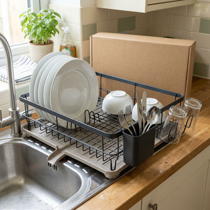 Dish rack beside a sunny kitchen sink