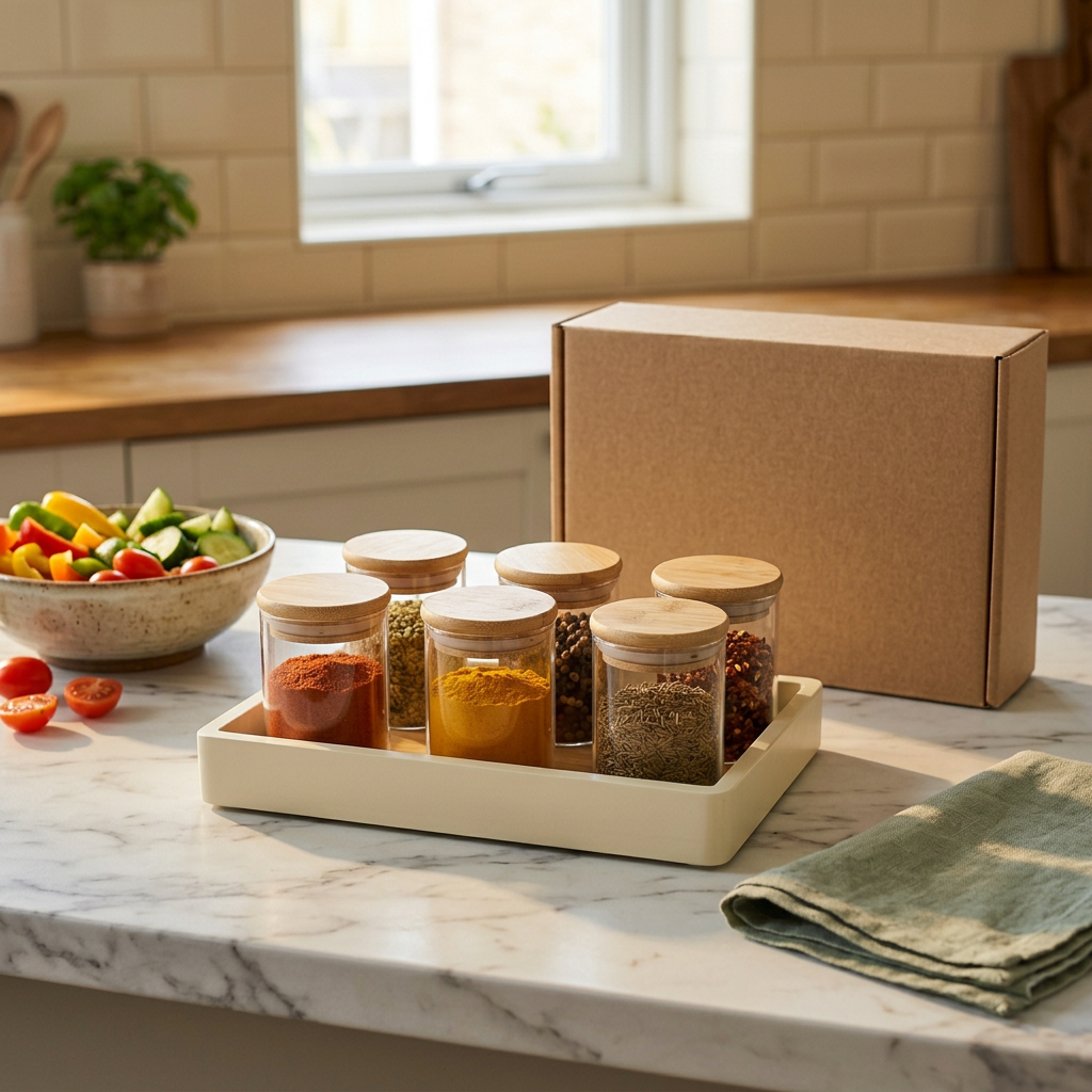 Spice jar set in an apartment kitchen