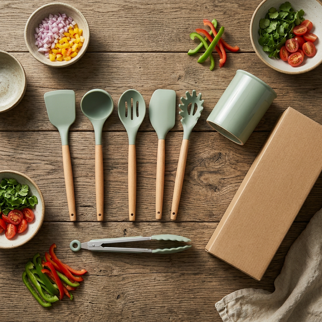 Sage utensil set on a wooden preparation table