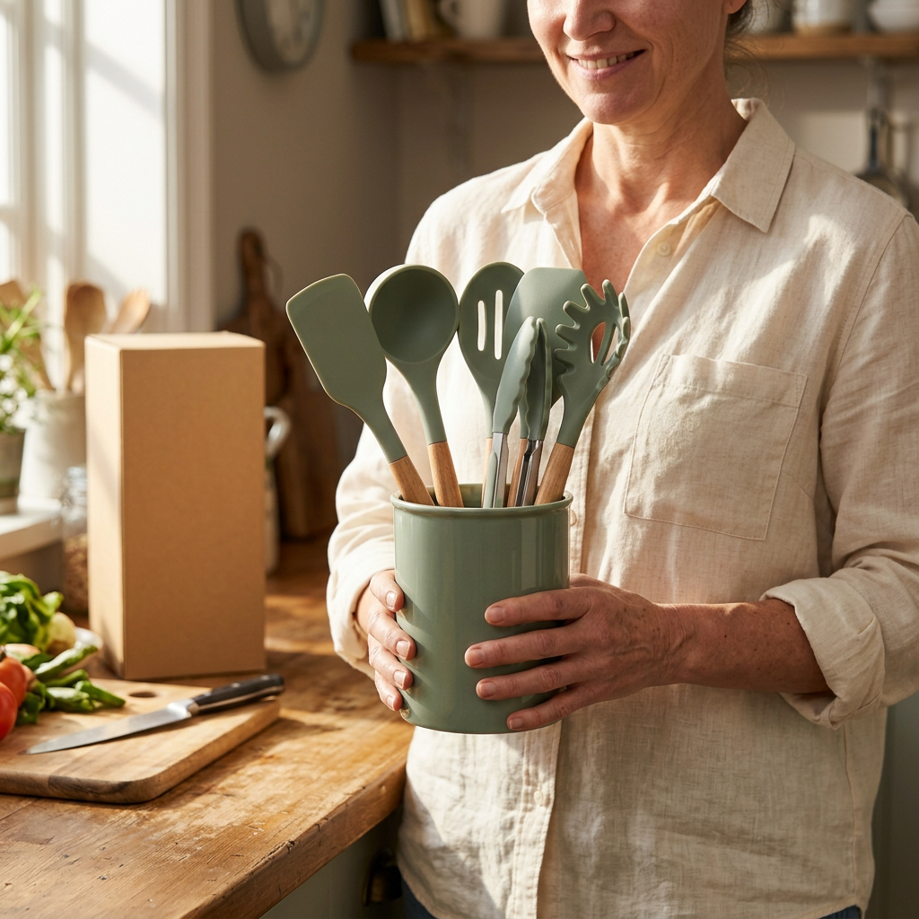 Western female model holding the sage utensil set
