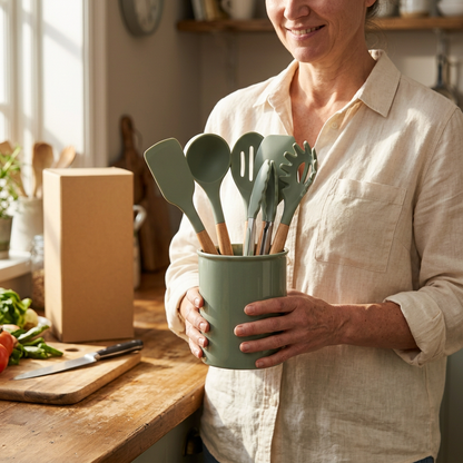 Western female model holding the sage utensil set