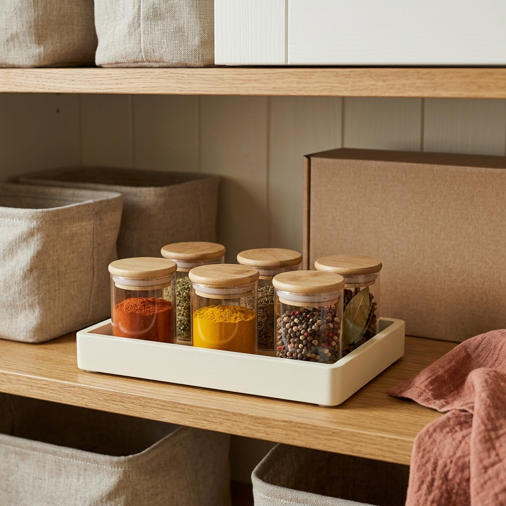 Spice jars organized on a pantry shelf