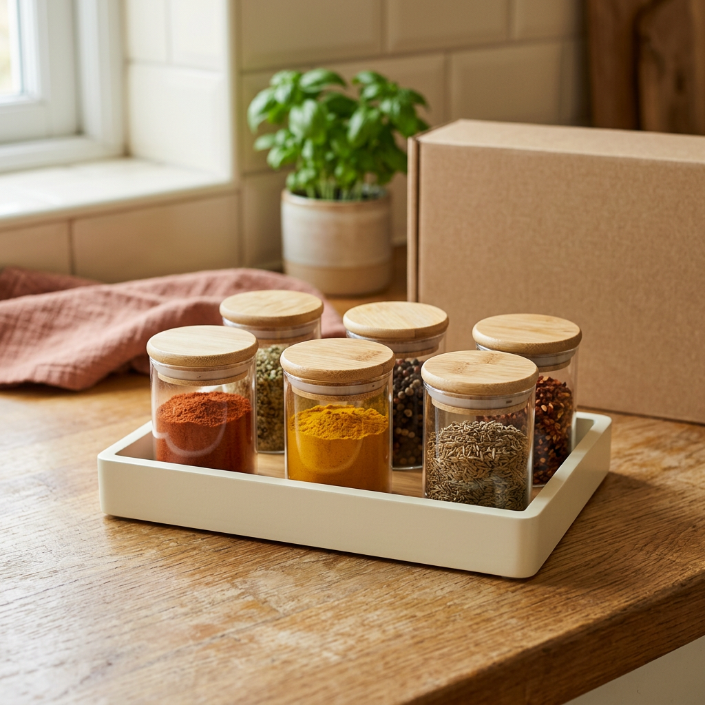Six spice jars in a sunny kitchen