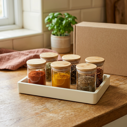 Six spice jars in a sunny kitchen
