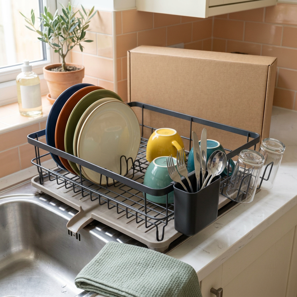 Dish rack in an apartment kitchen