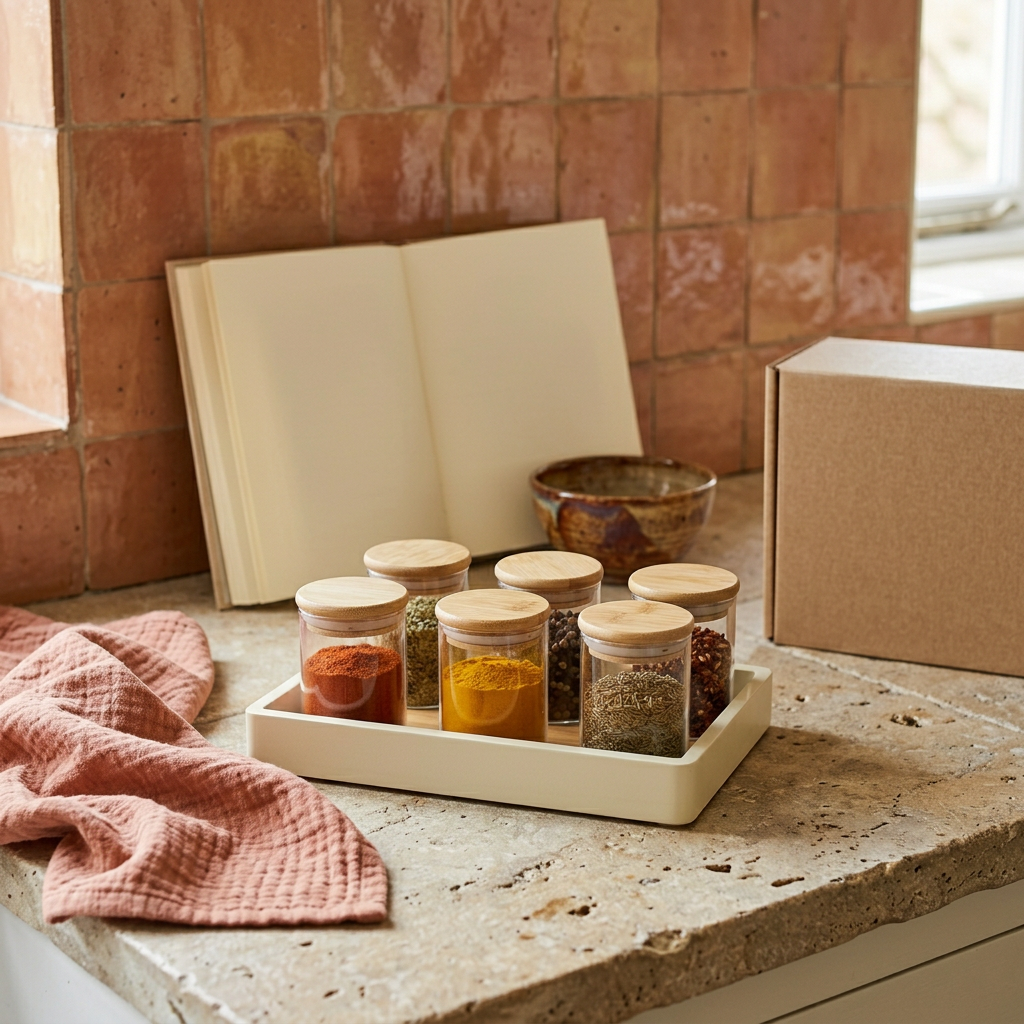 Spice jars in a rustic kitchen