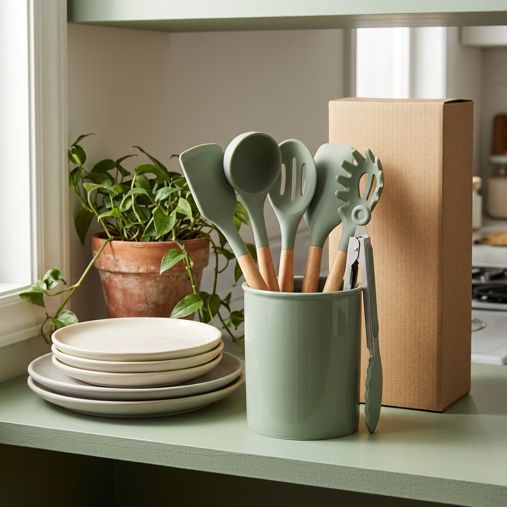 Sage utensil set in an organized kitchen corner