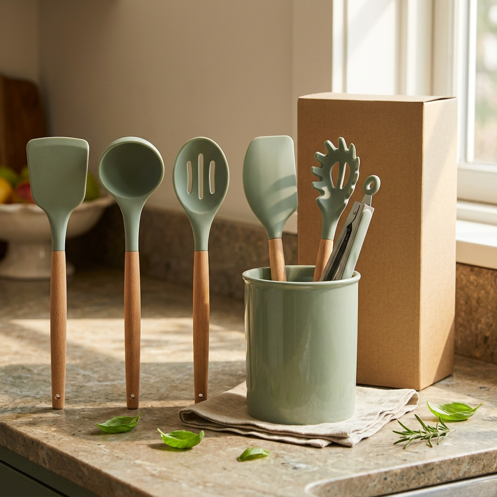 Sage utensil set in a naturally lit kitchen