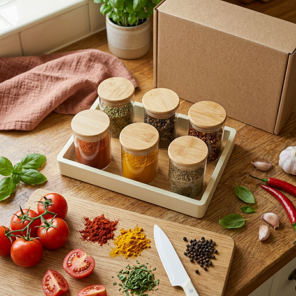 Spice jar set on a preparation table