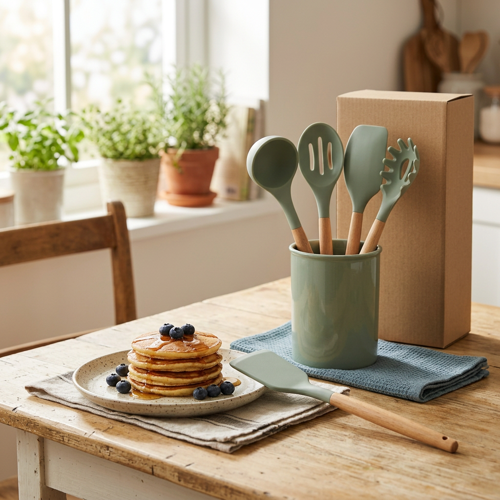 Sage utensil set in a breakfast setting