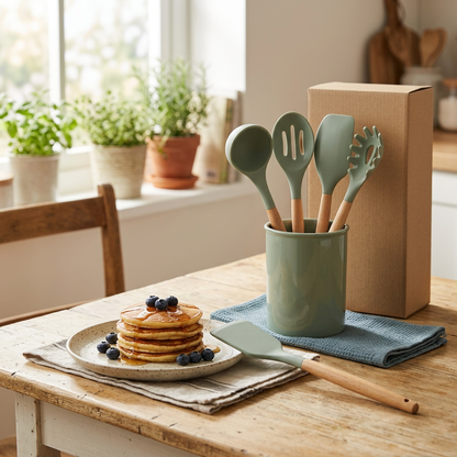 Sage utensil set in a breakfast setting