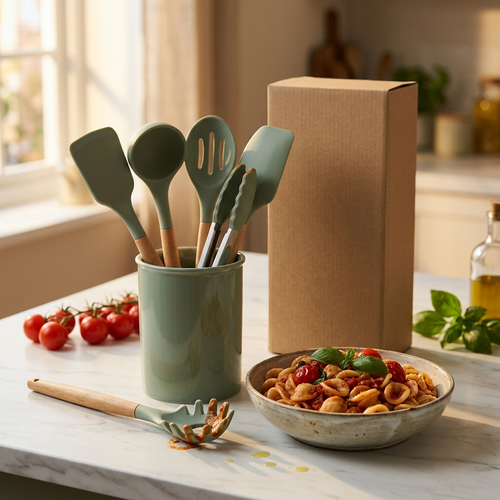 Sage utensil set in a pasta preparation setting