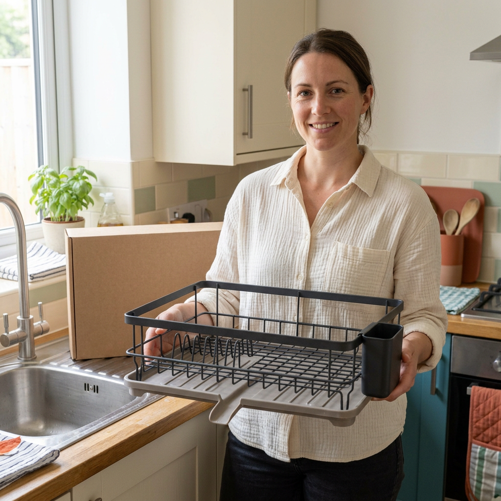 Western model holding the dish rack