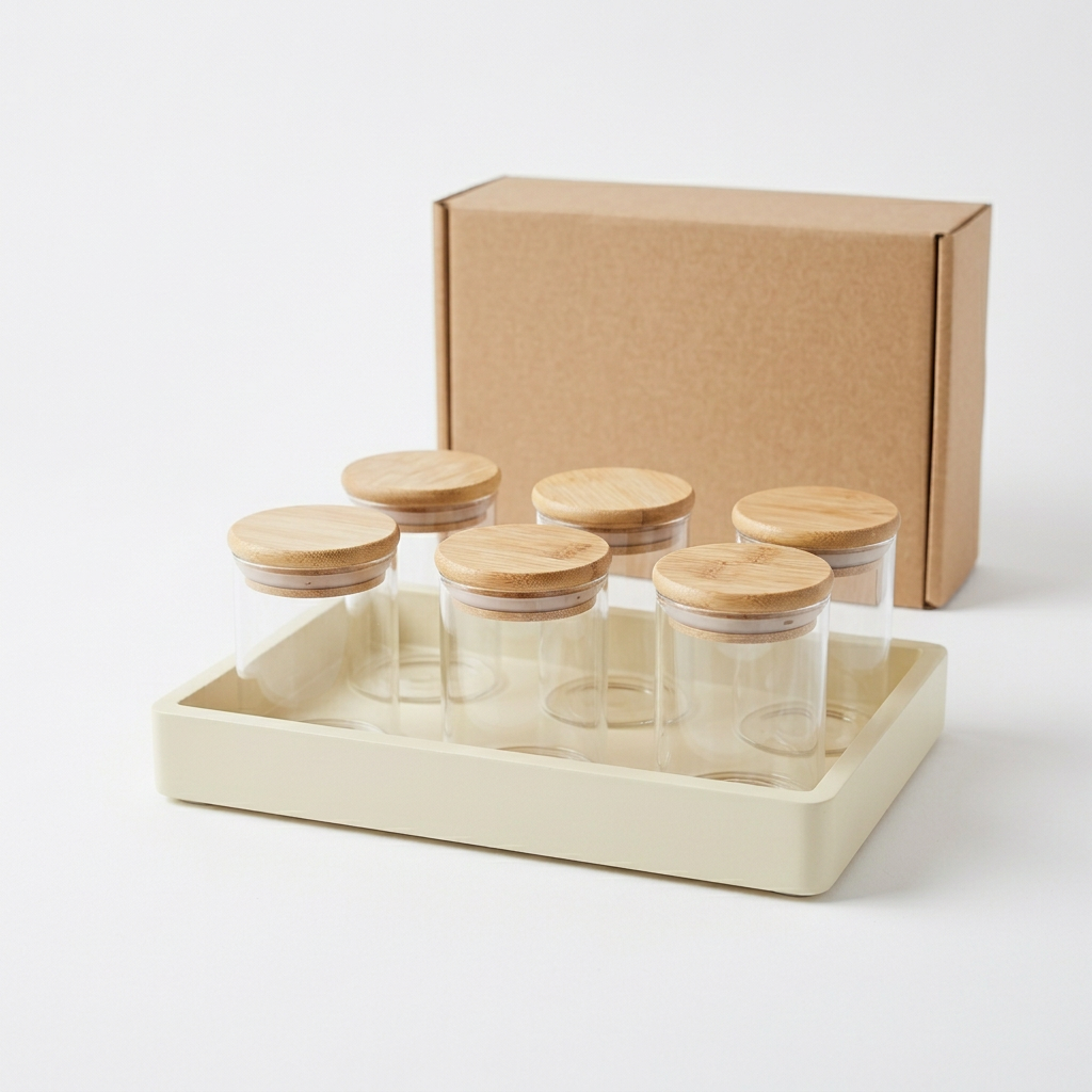 Empty glass spice jars and tray on white background