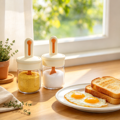 🧂 Kitchen Essential | Seasoning Jar with Spoon | Cream &amp; Orange Design