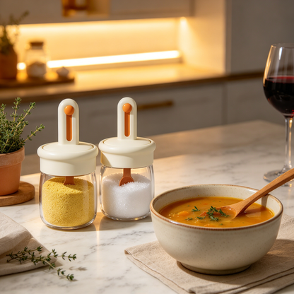 🧂 Kitchen Essential | Seasoning Jar with Spoon | Cream &amp; Orange Design