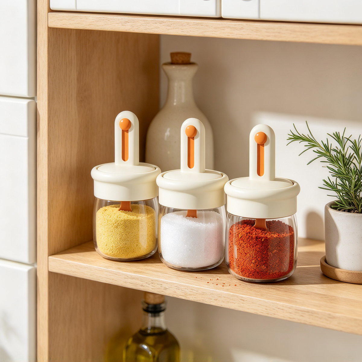 🧂 Kitchen Essential | Seasoning Jar with Spoon | Cream &amp; Orange Design