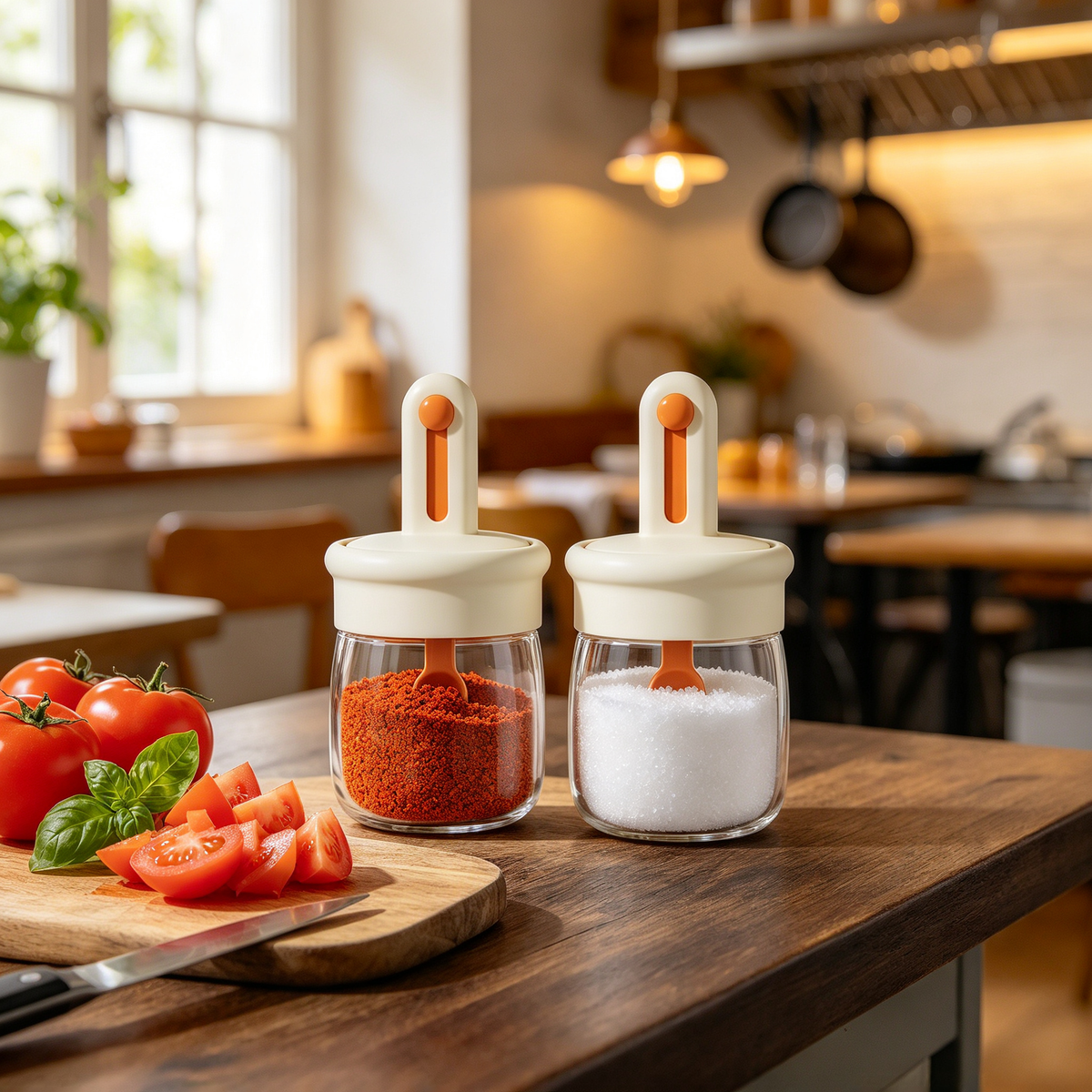 🧂 Kitchen Essential | Seasoning Jar with Spoon | Cream &amp; Orange Design