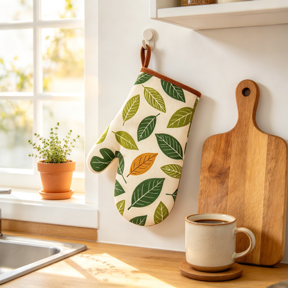 🍃 Kitchen Essential | Heat-Resistant Oven Mitt | Leaf Print